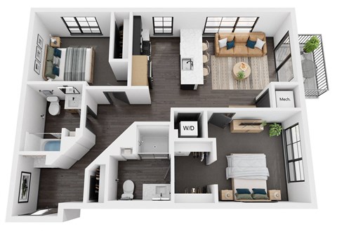 Floor plan for 2 beds, 2 baths, 944 sqft